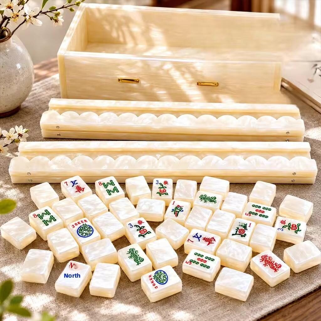 Premium translucent shell finish acrylic mahjong set with matching racks and storage box
